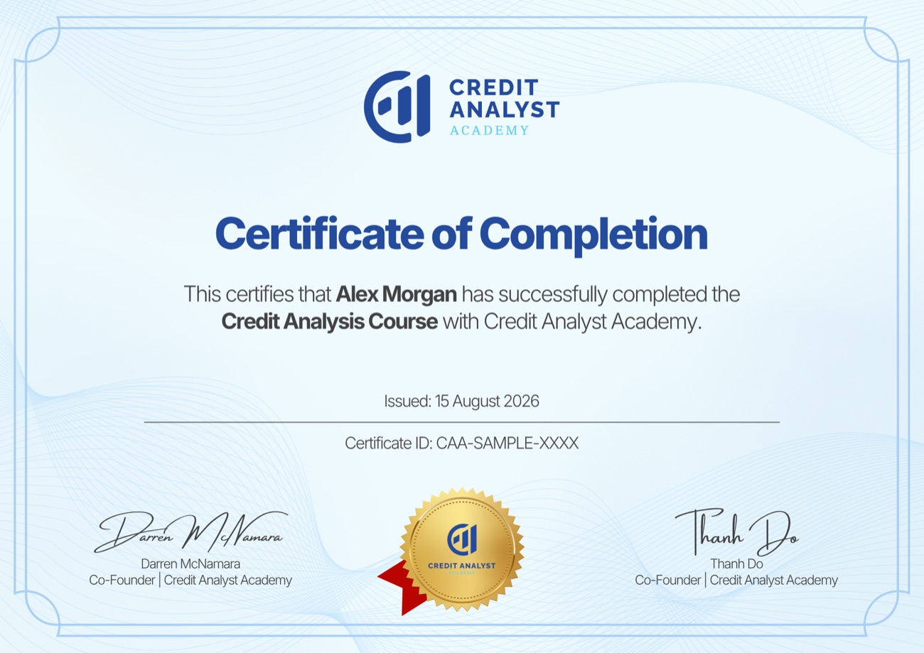 Sample Certificate of Completion issued by Credit Analyst Academy